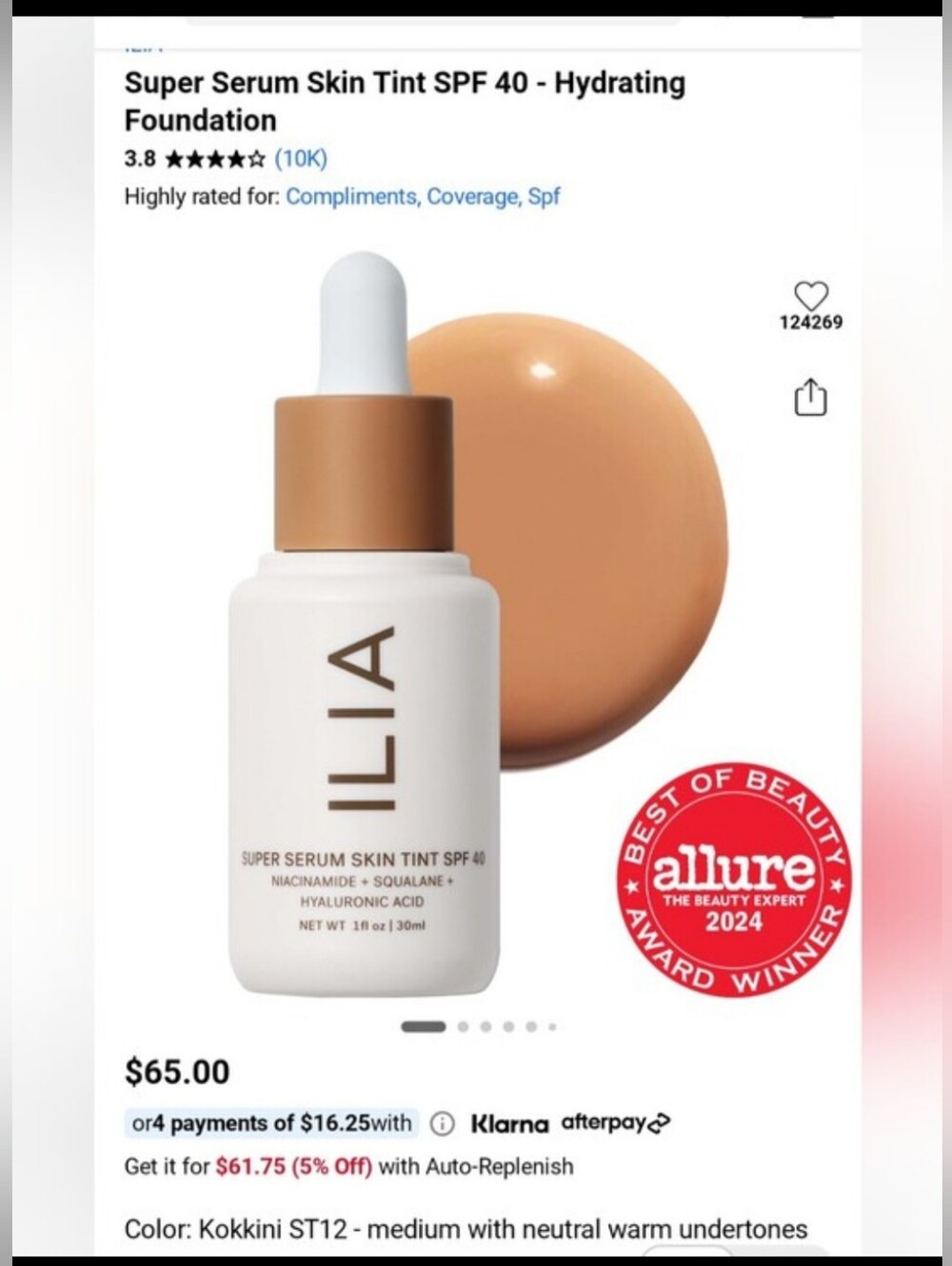ILIA Super Serum Skin Tint SPF 40 – Medium (Kokkini ST12)